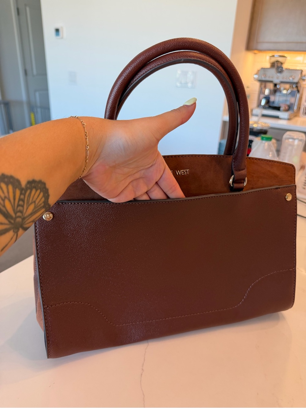 Nine West Deep Brown Structured Satchel with Gold Accents - Picture 3 of 9